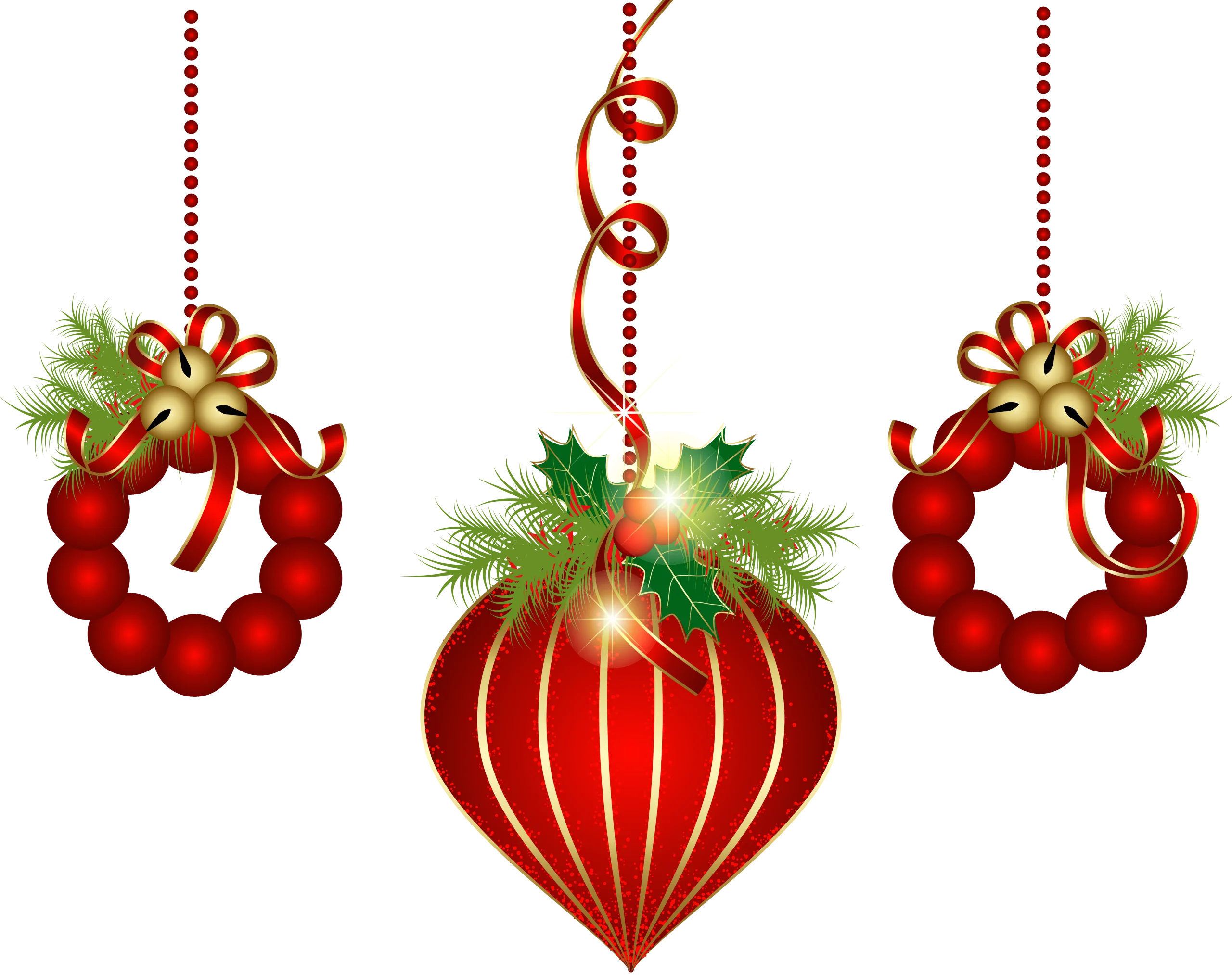Festive Christmas Ornaments Clipart - Elegant Red Baubles with Evergreen Accents