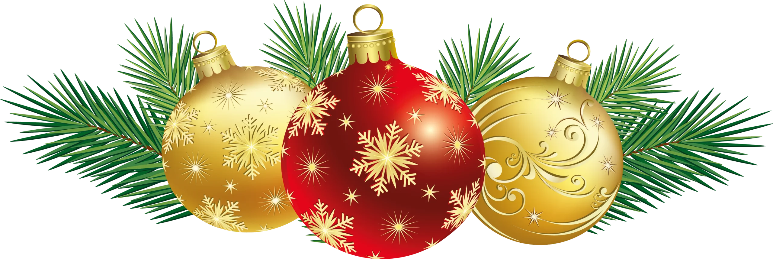 Festive Christmas Ornaments Clipart with Golden and Red Snowflake Baubles