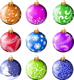 Festive Holiday Collection of Nine Decorated Christmas Ornament Clipart Spheres