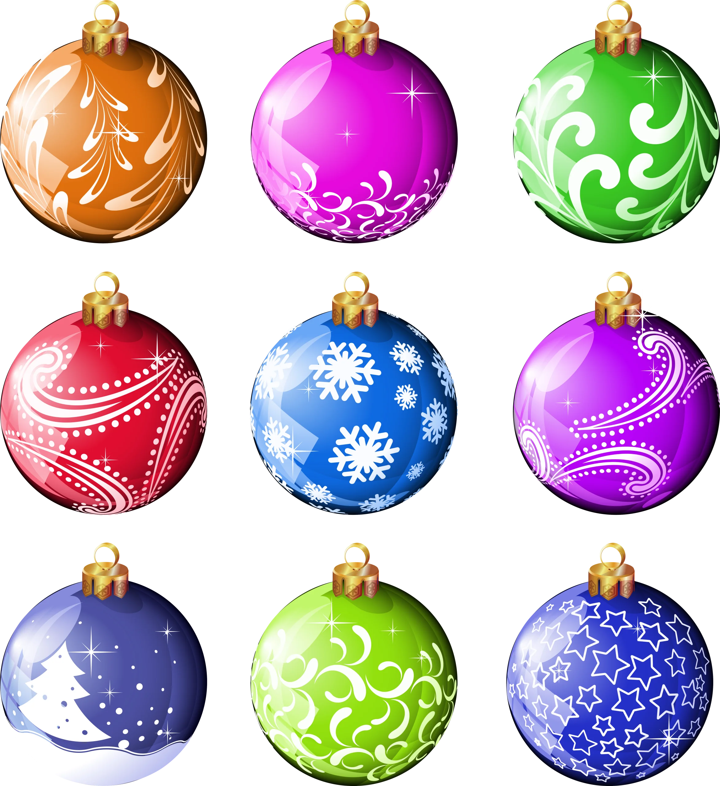 Festive Holiday Collection of Nine Decorated Christmas Ornament Clipart Spheres
