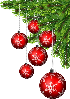 Festive Red Snowflake Christmas Ornaments Hanging on Pine Branch Clipart