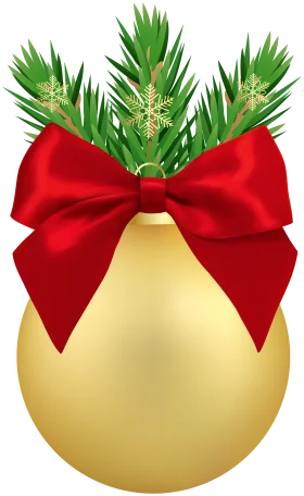 Golden Christmas Ornament Clipart with Festive Red Bow and Pine Branches