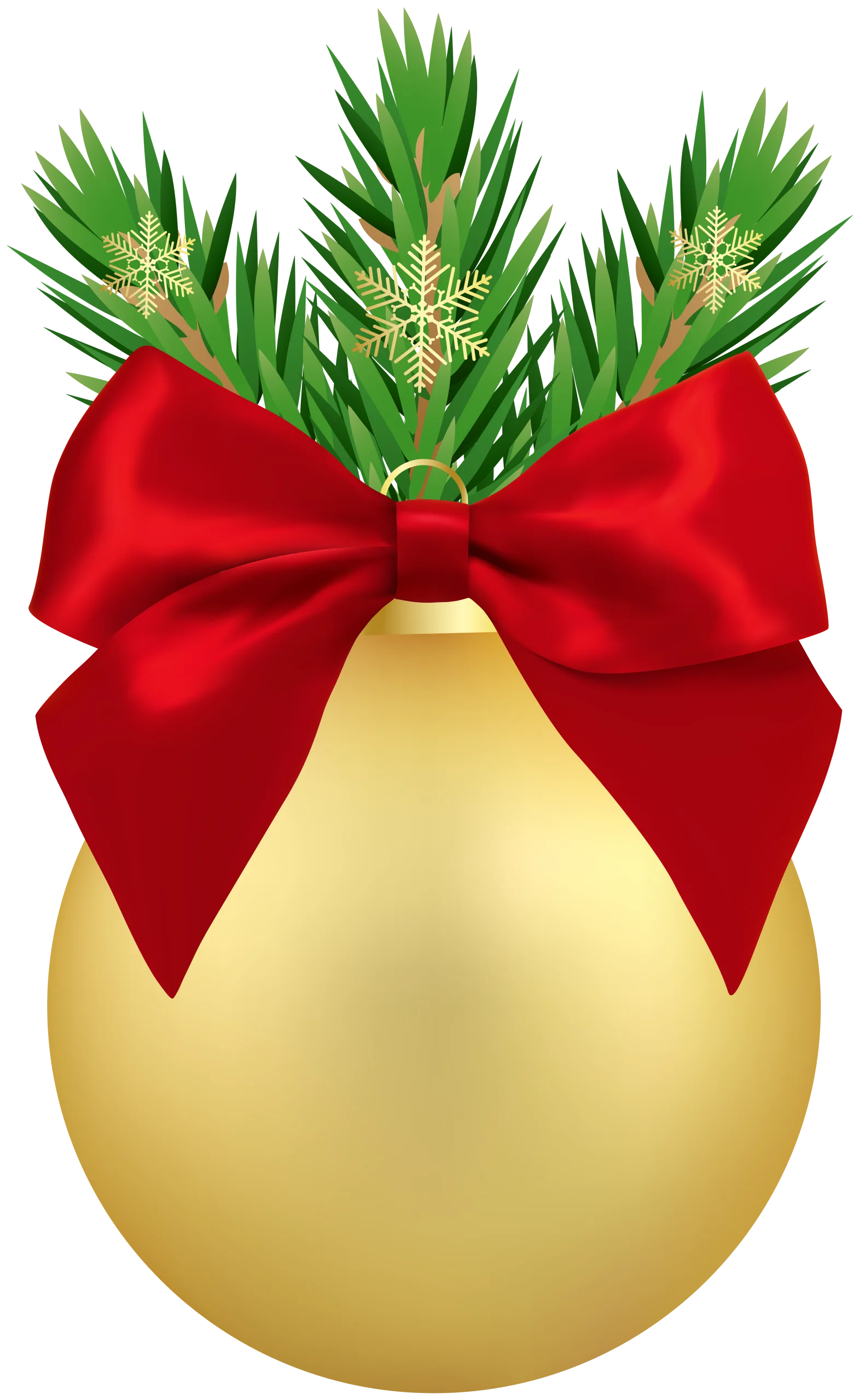 Golden Christmas Ornament Clipart with Festive Red Bow and Pine Branches