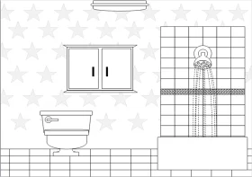 Minimalist Black and White Bathroom Interior Layout Clipart Sketch Design