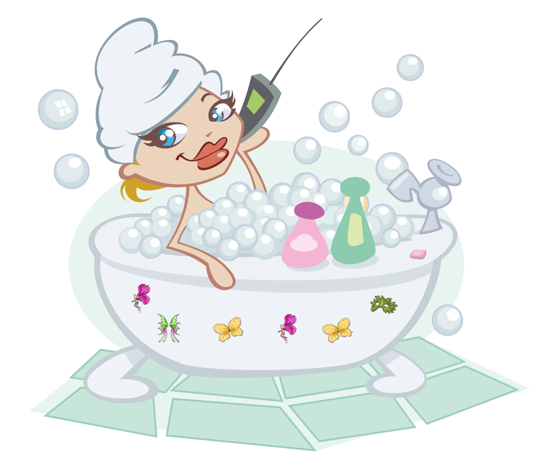 Whimsical Cartoon Chef Relaxing in Bubble Bath with Colorful Soap Clipart Illustration