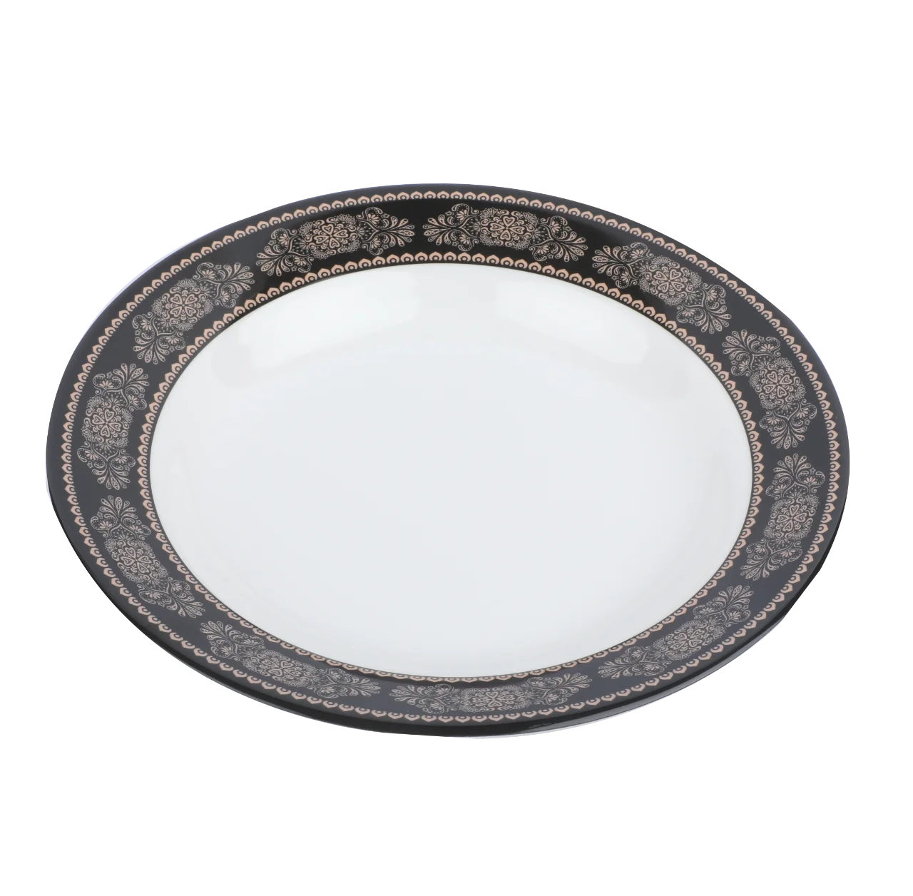 Elegant Gray-Rimmed Ceramic Serving Plate Clipart with Intricate Border Design