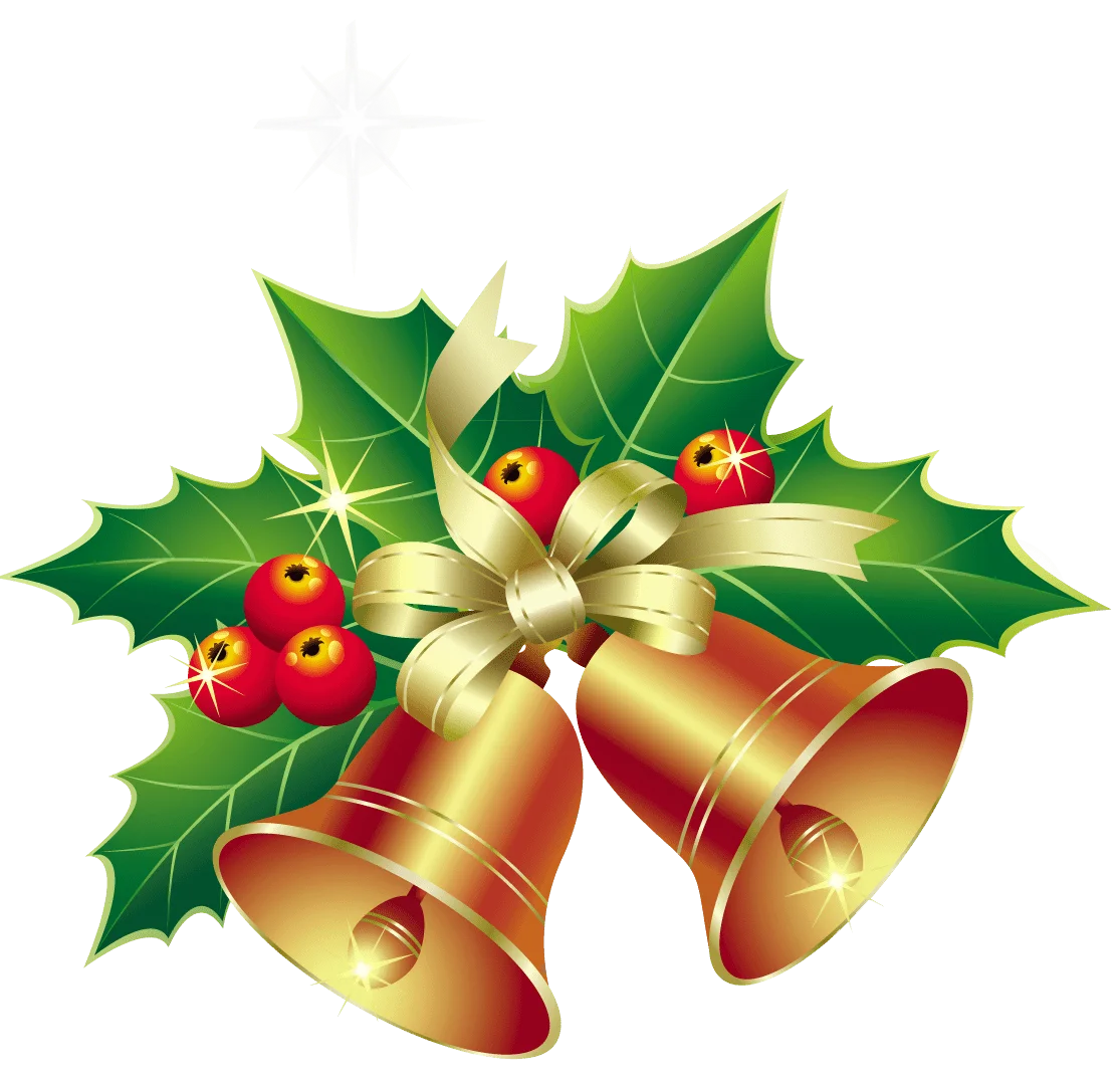 Golden Christmas Bells and Holly Leaves Festive Holiday Clipart Design