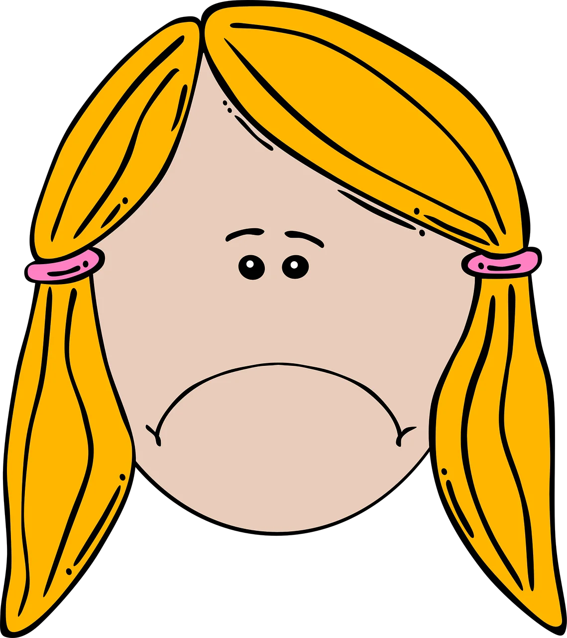 Melancholy Blonde Pigtailed Cartoon Face Expressing Sadness in Simple Clipart Style