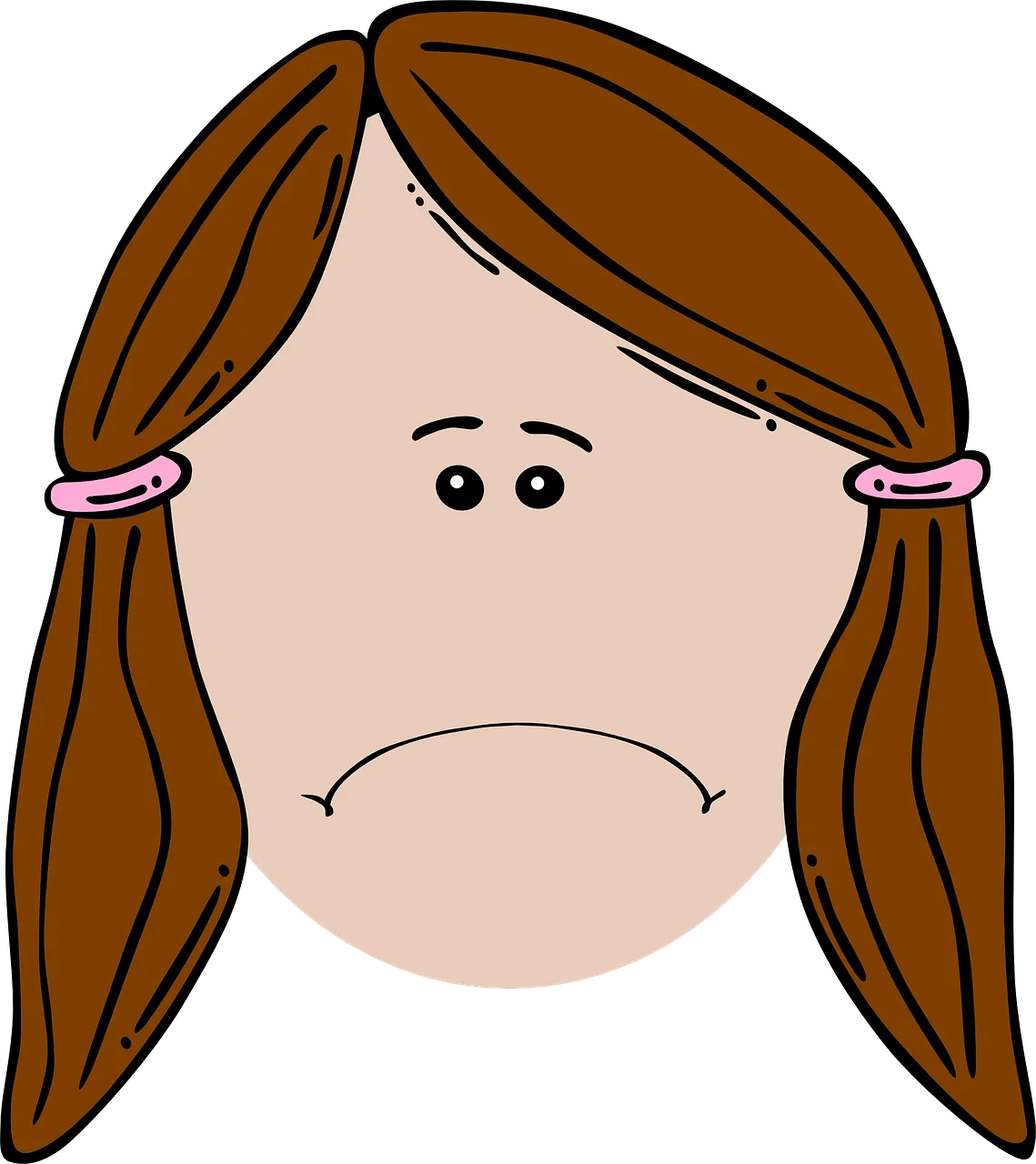 Melancholy Pigtailed Character Expressing Sadness in Simple Cartoon Clipart