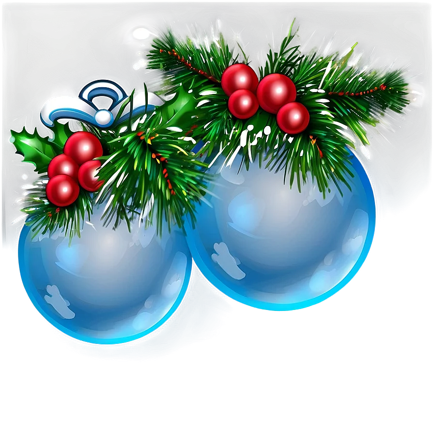 Serene Blue Christmas Ornaments with Pine Branches and Holly Clipart Design