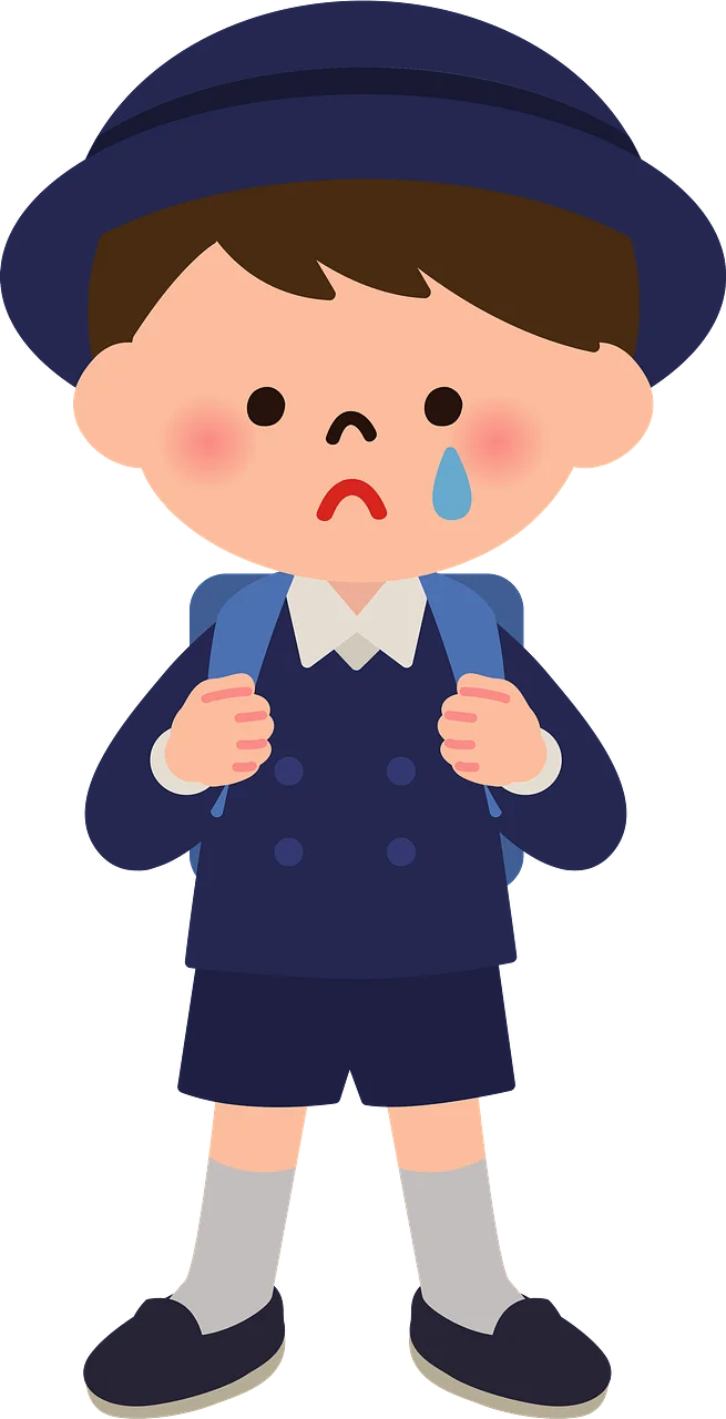 Tearful Young Student in Navy Blue School Uniform Clipart Illustration