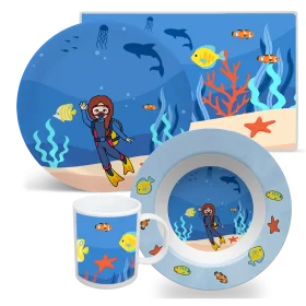 Underwater Adventure Kids Dinnerware Clipart Set with Scuba Diver Theme