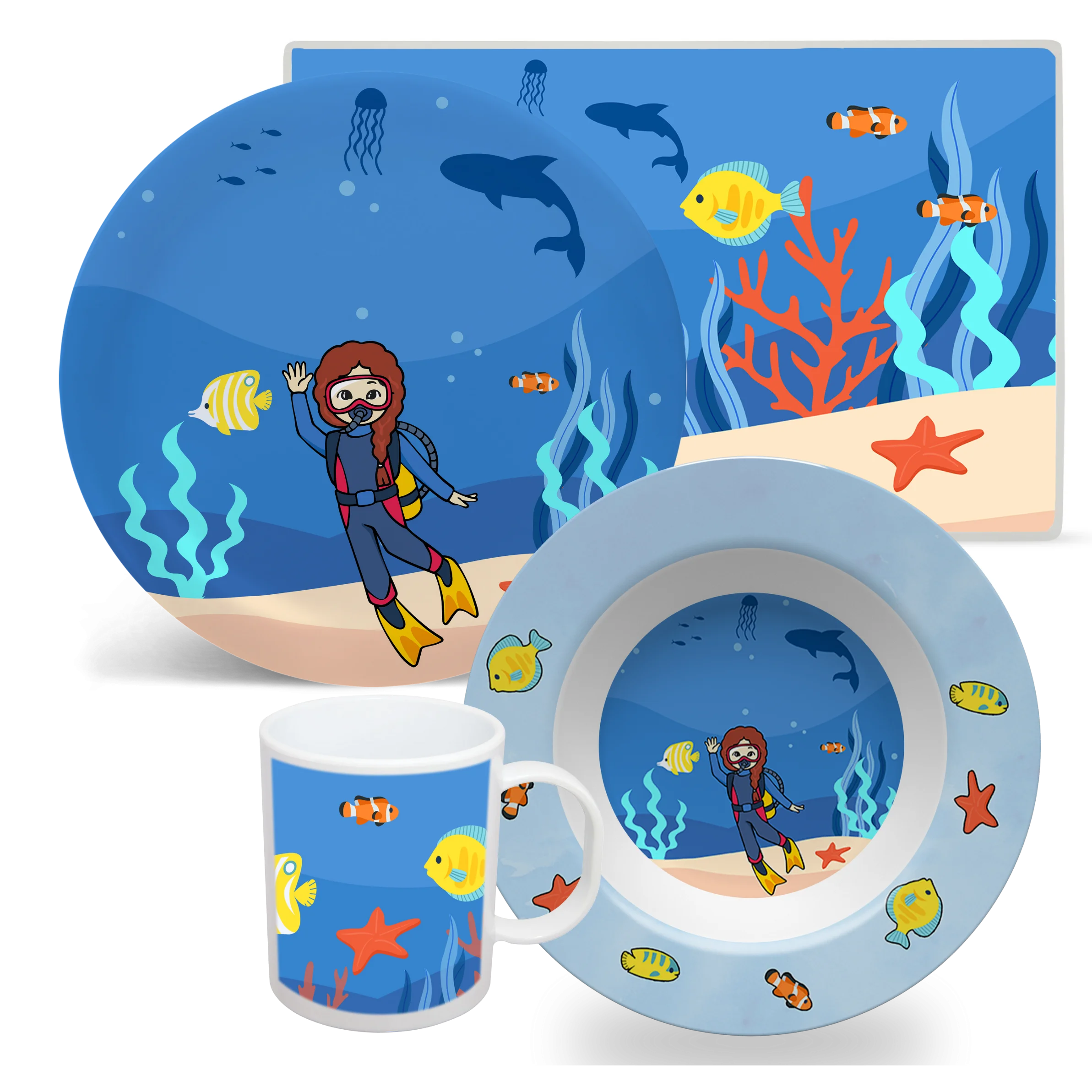 Underwater Adventure Kids Dinnerware Clipart Set with Scuba Diver Theme