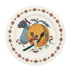 Whimsical Autumn Harvest Ceramic Plate Clipart with Folk Art Design