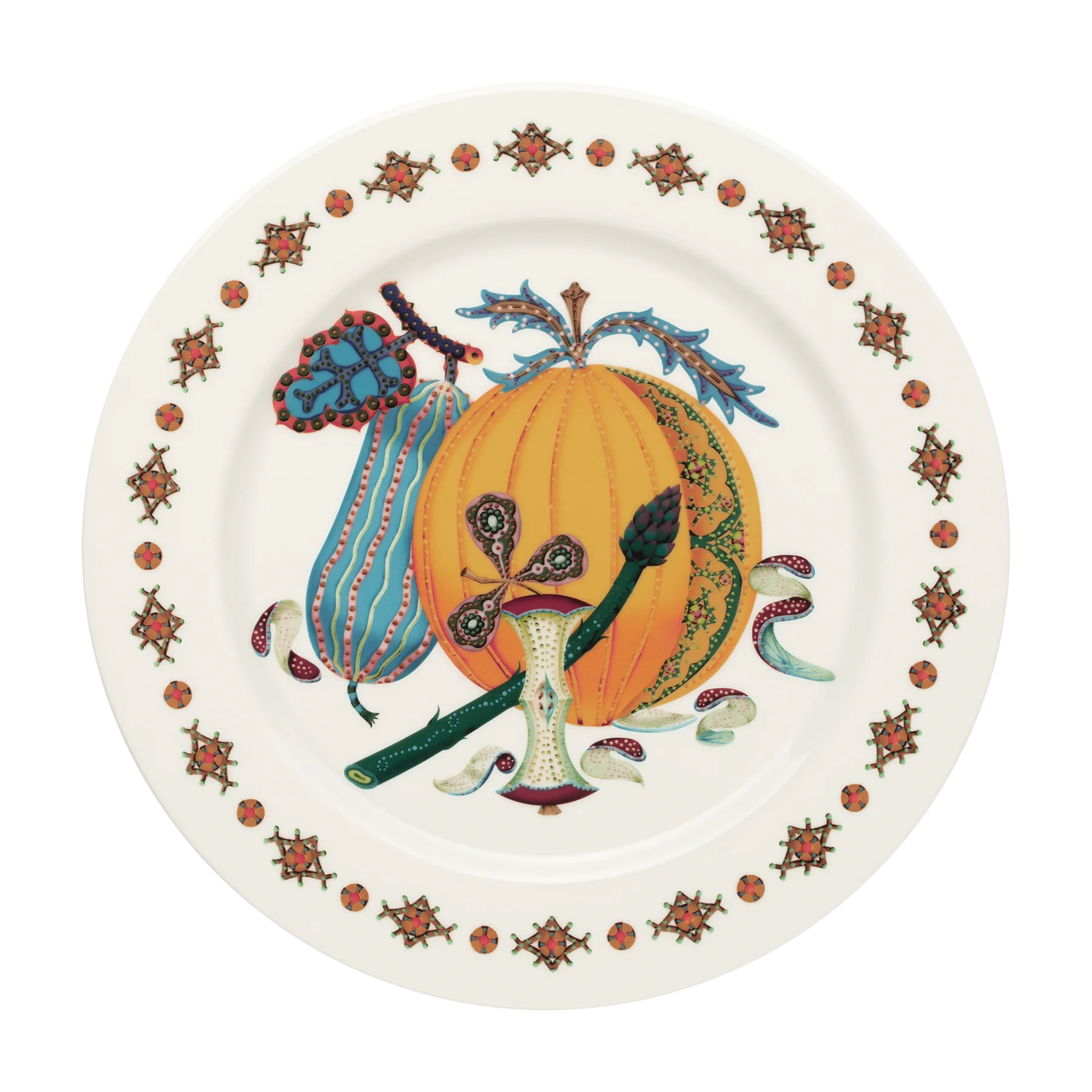 Whimsical Autumn Harvest Ceramic Plate Clipart with Folk Art Design