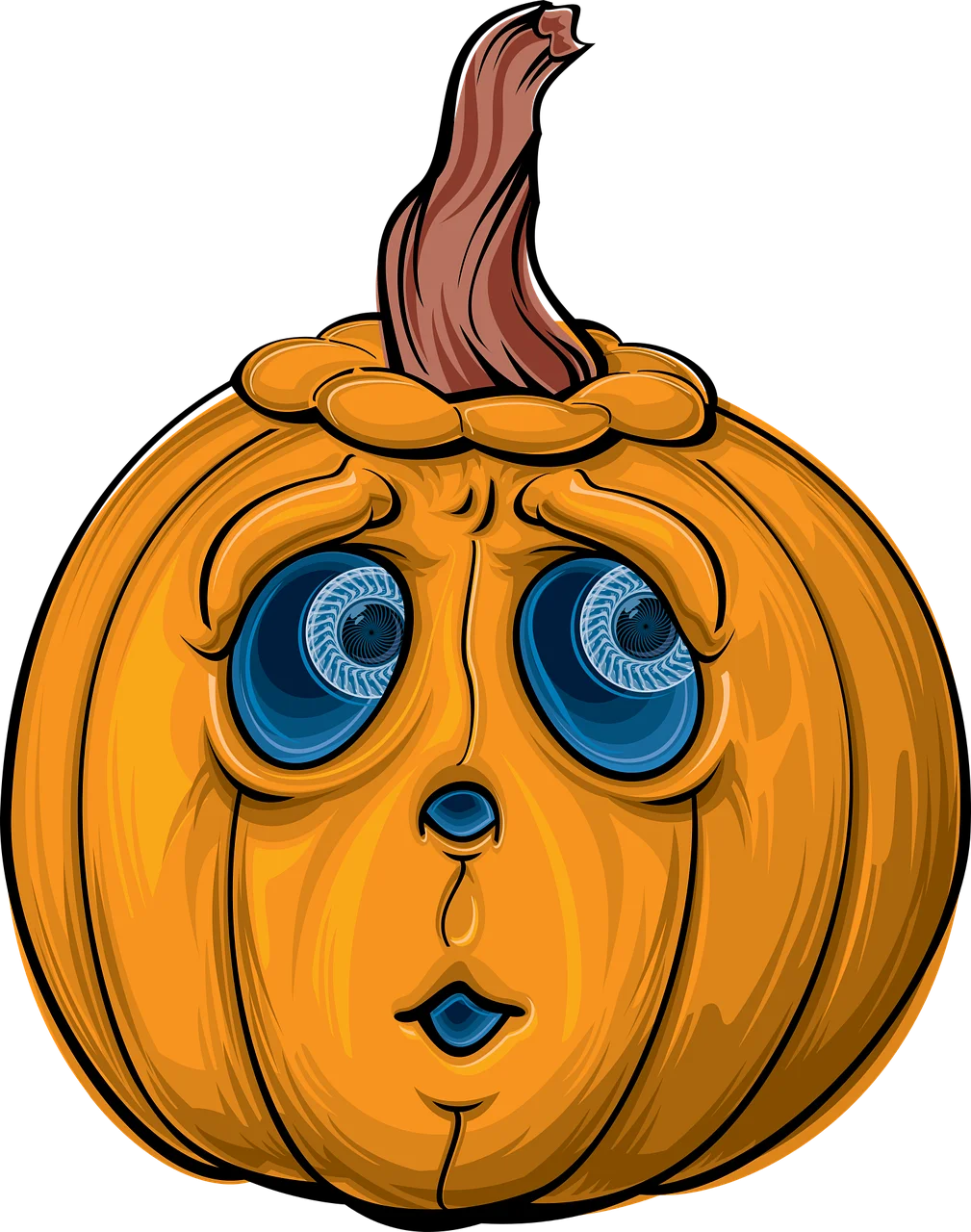 Adorable Emotional Halloween Pumpkin Clipart with Expressive Blue Eyes and Quirky Facial Features