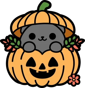 Adorable Kawaii Halloween Pumpkin Clipart with Cute Cartoon Cat Character