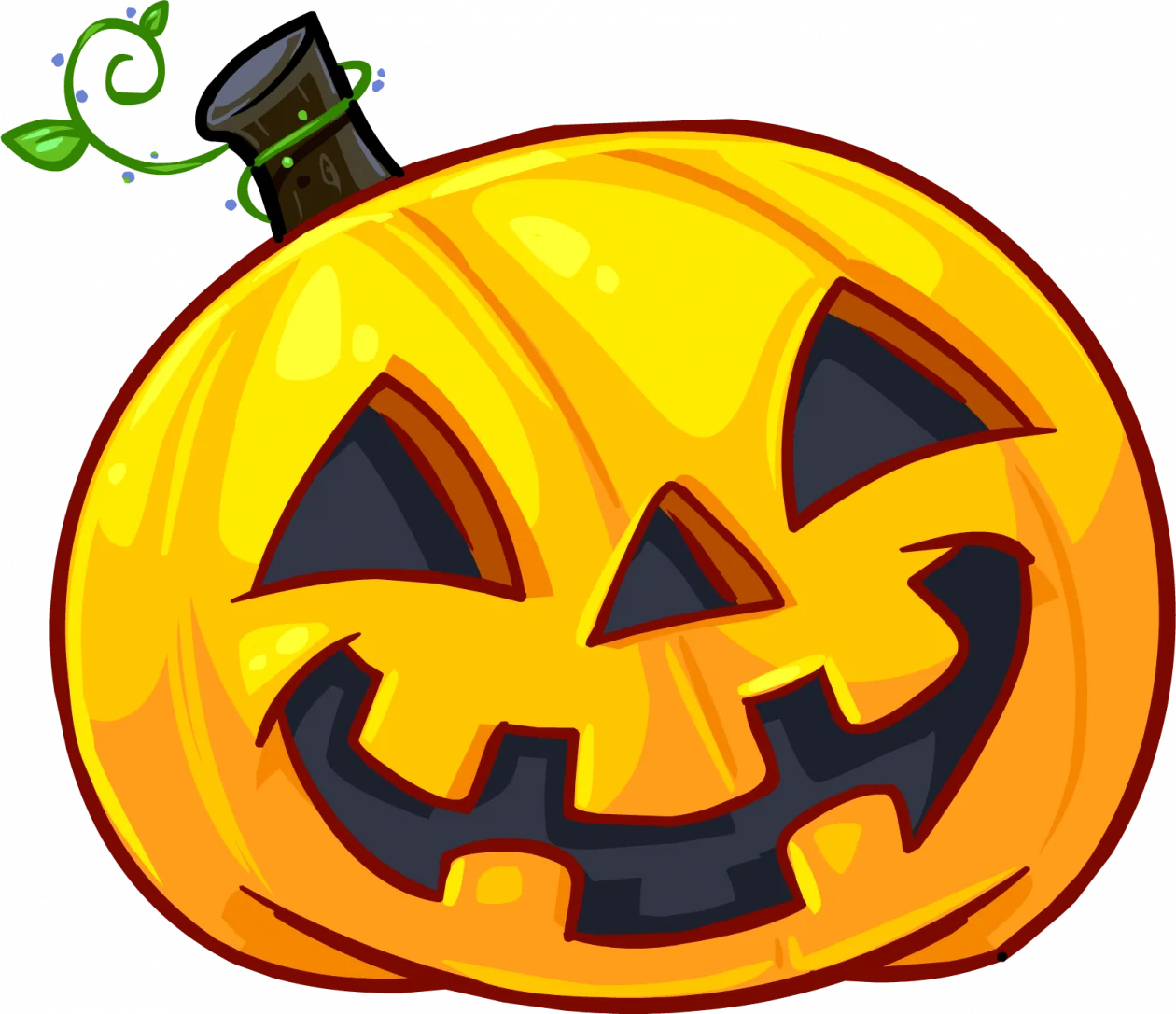 Cheerful Jack-o'-Lantern Halloween Clipart with Whimsical Leaf and Top Hat