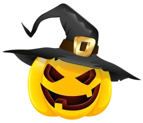 Spooky Halloween Jack-o'-Lantern Clipart with Witch Hat and Sinister Grin