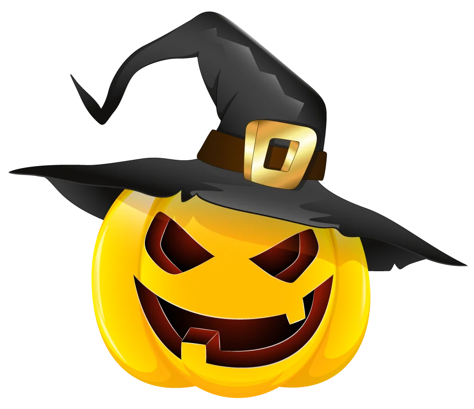 Spooky Halloween Jack-o'-Lantern Clipart with Witch Hat and Sinister Grin