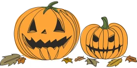 Spooky Halloween Jack-o'-Lantern Pumpkin Clipart Illustration with Autumn Leaves