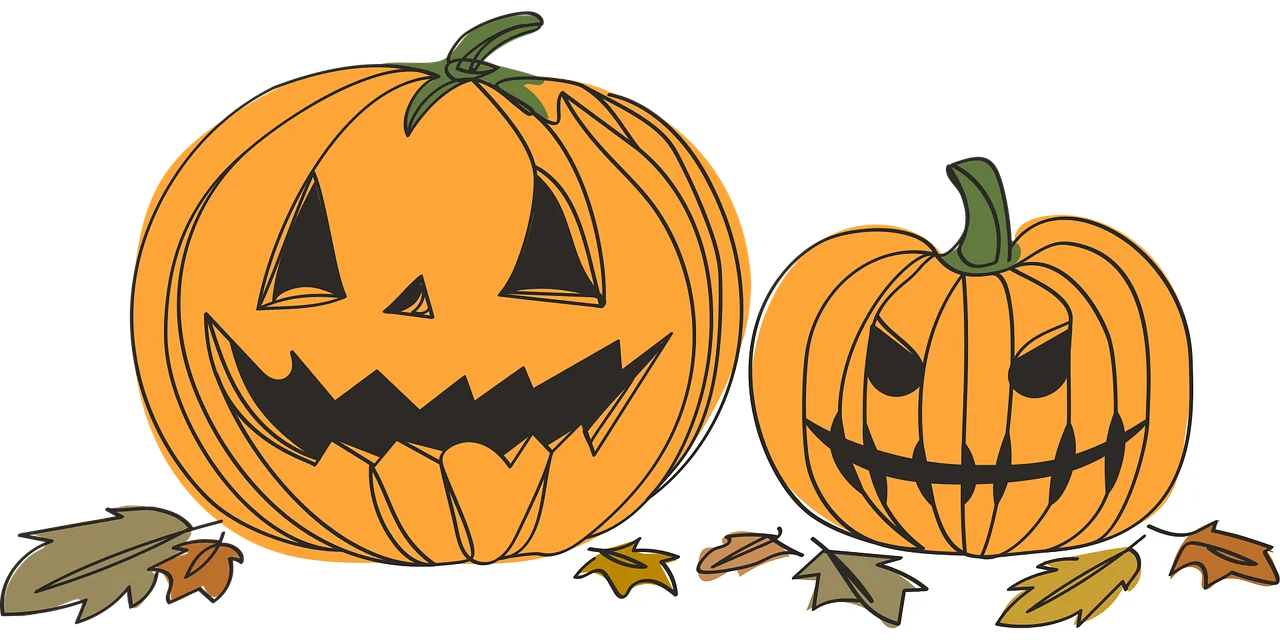 Spooky Halloween Jack-o'-Lantern Pumpkin Clipart Illustration with Autumn Leaves