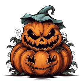 Spooky Halloween Jack-o'-Lantern Stack Clipart with Menacing Carved Faces