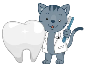 Adorable Cartoon Cat Dentist with Tooth and Dental Tools Clipart Illustration