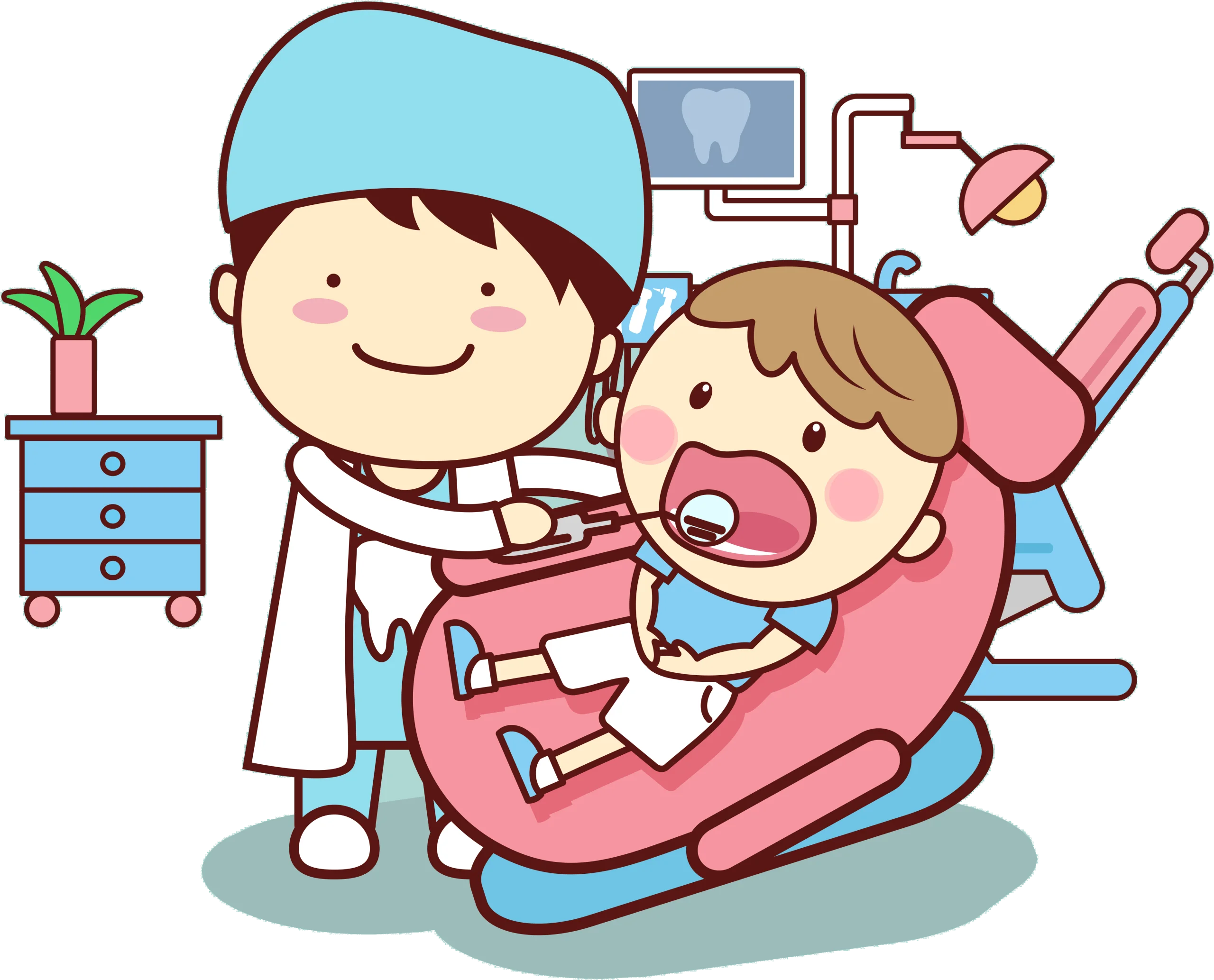 Adorable Pediatric Dentistry Cartoon Clipart Illustrating Child's Dental Checkup