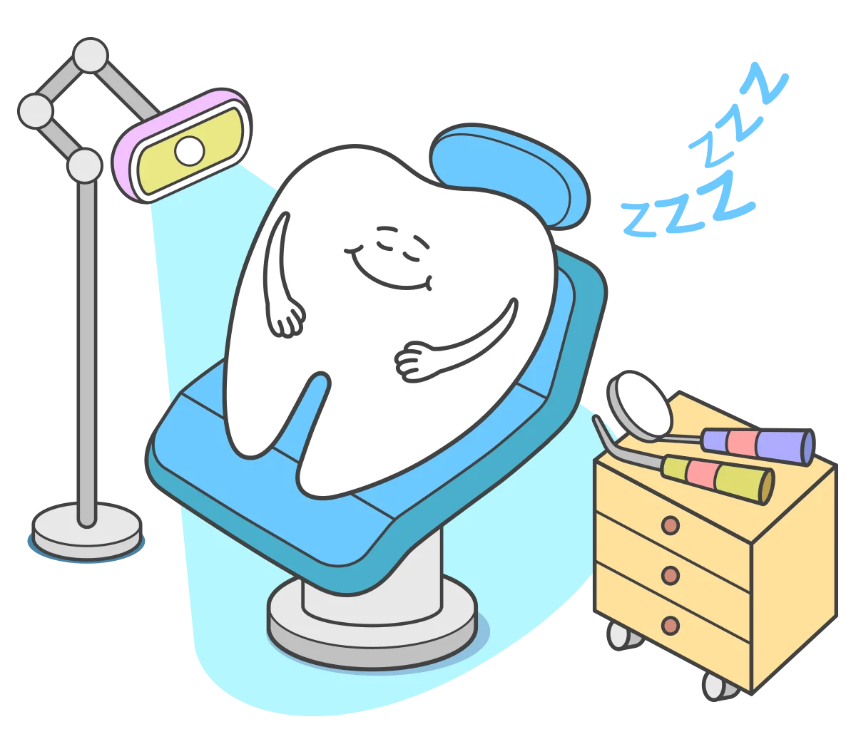 Adorable Sleeping Tooth Character Resting in Dental Chair Clipart Illustration