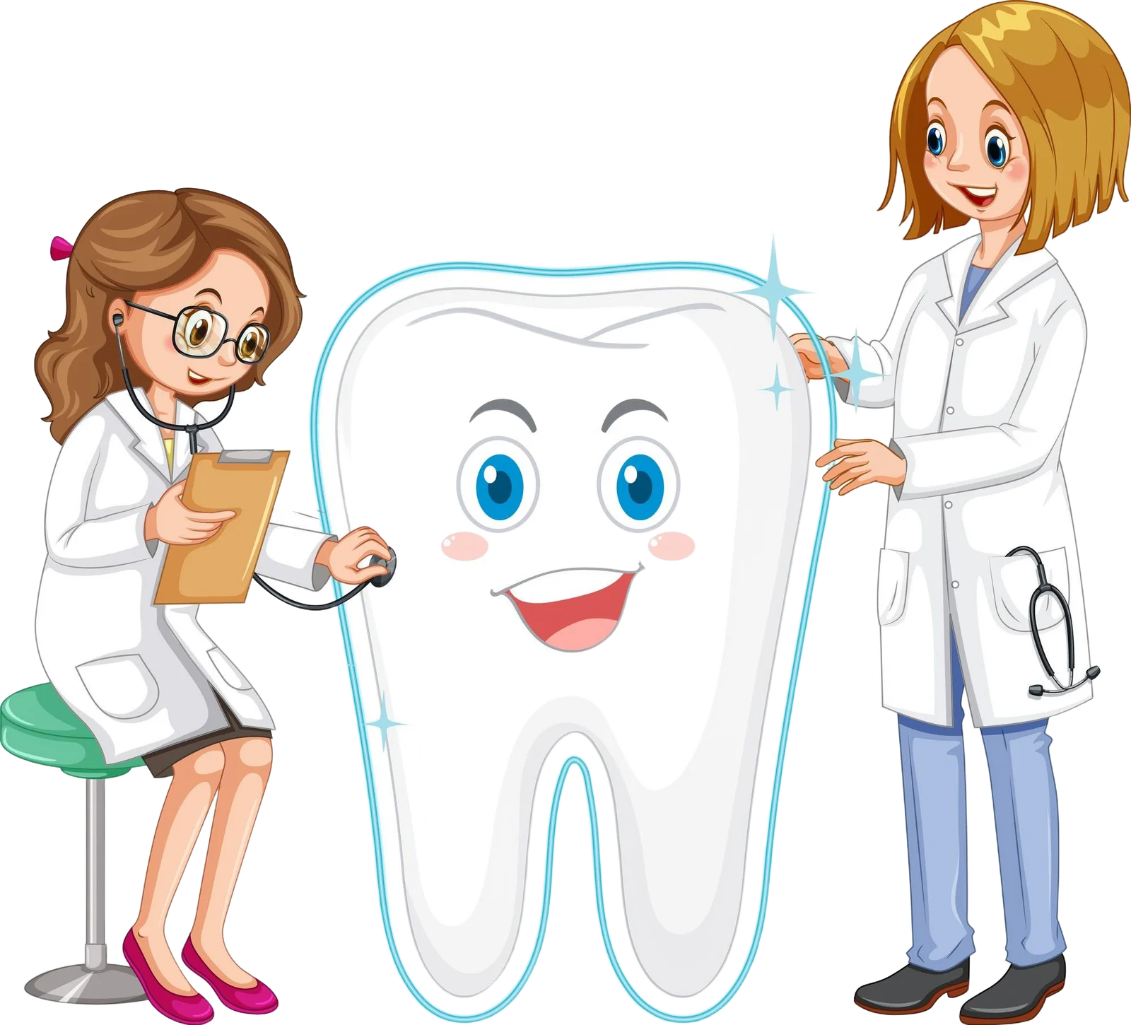 Cheerful Dental Team Examining a Friendly Cartoon Tooth Clipart Illustration