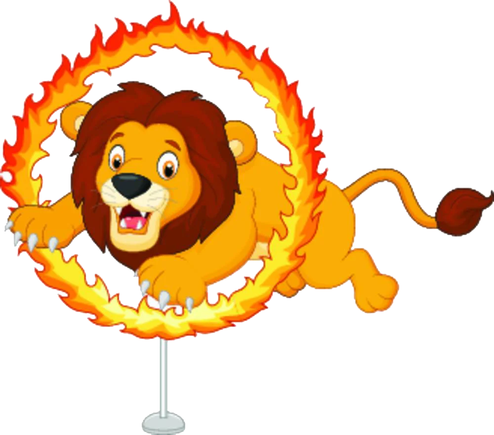 Fearless Circus Lion Performing Spectacular Flaming Hoop Jump Clipart