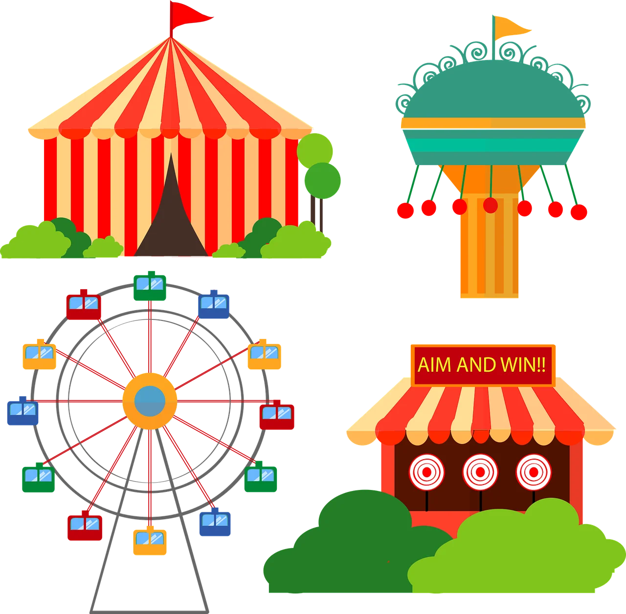 Whimsical Carnival Attractions Clipart: Fun Fair Illustrations for Design