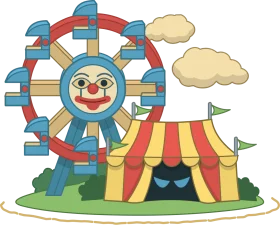 Whimsical Carnival Scene with Ferris Wheel and Colorful Circus Tent Clipart Illustration