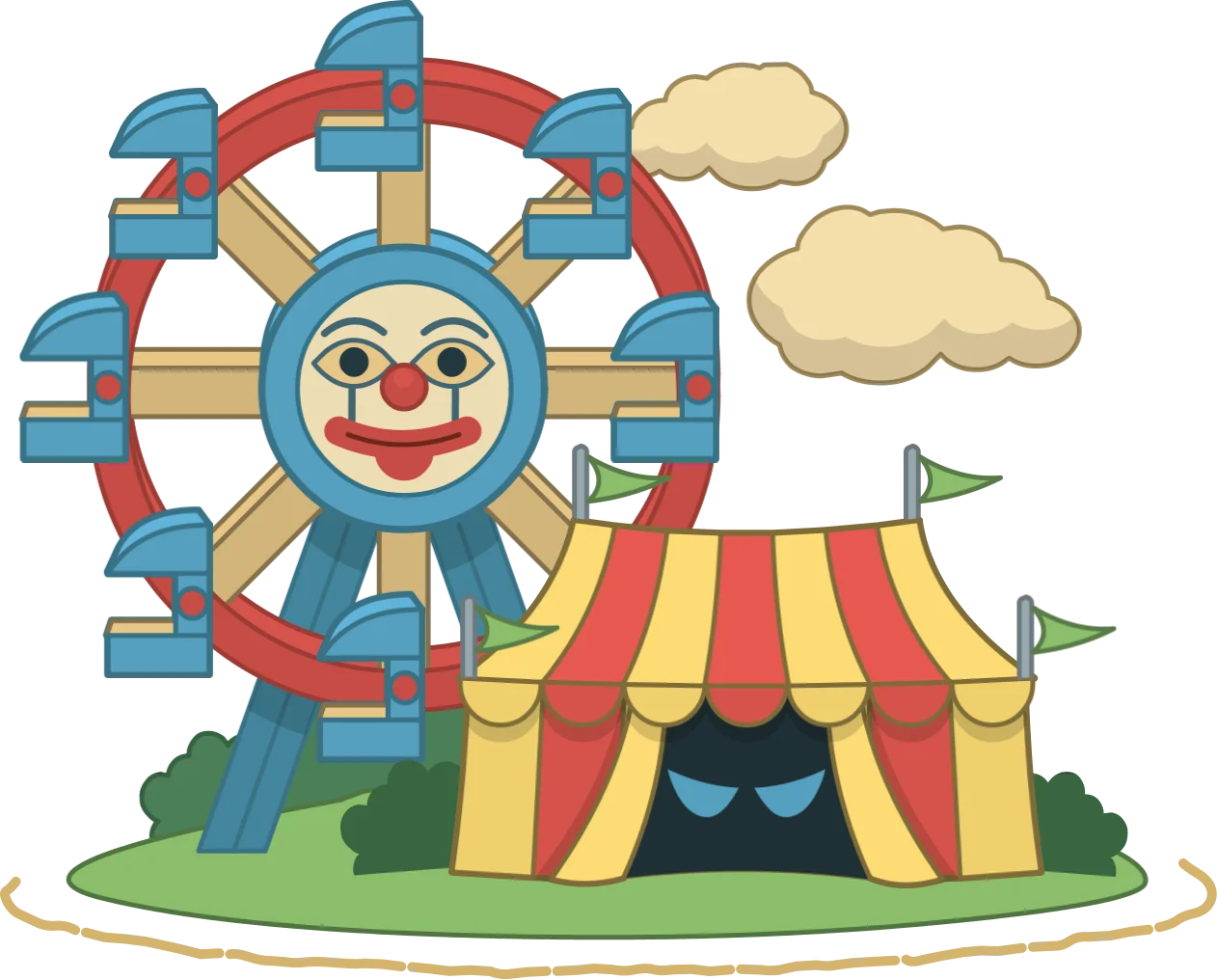 Whimsical Carnival Scene with Ferris Wheel and Colorful Circus Tent Clipart Illustration