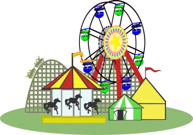 Whimsical Carnival Scene with Ferris Wheel, Carousel, and Tents Clipart Illustration