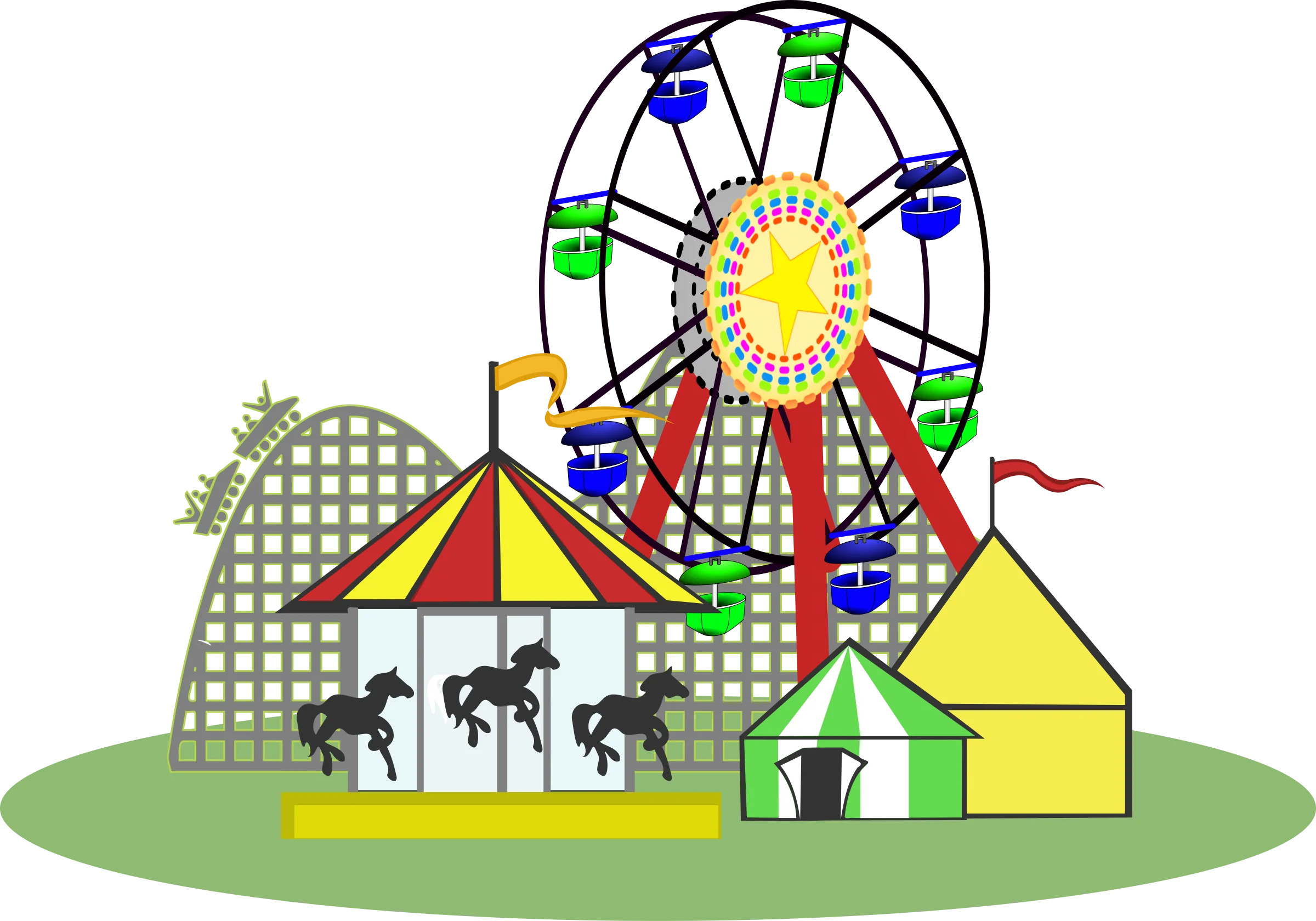 Whimsical Carnival Scene with Ferris Wheel, Carousel, and Tents Clipart Illustration