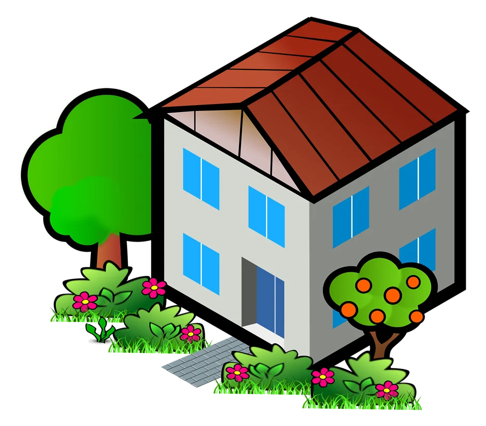 Charming Two-Story Residential Clipart House with Lush Green Landscape