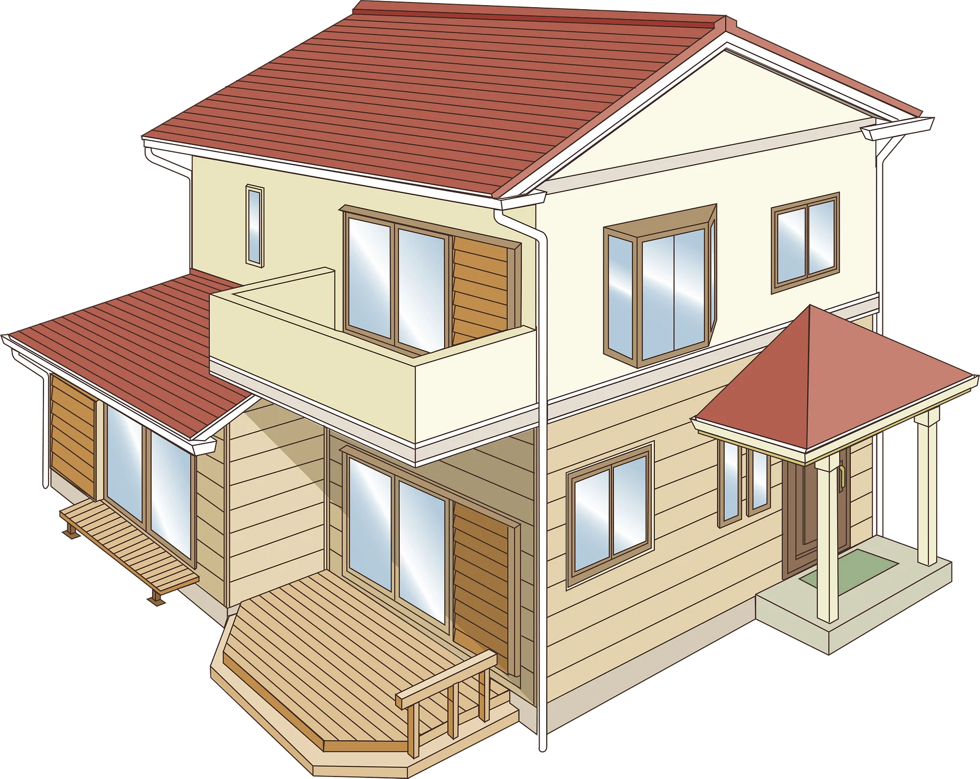 Two-Story Wooden Residential Clipart House with Balcony and Porch Design