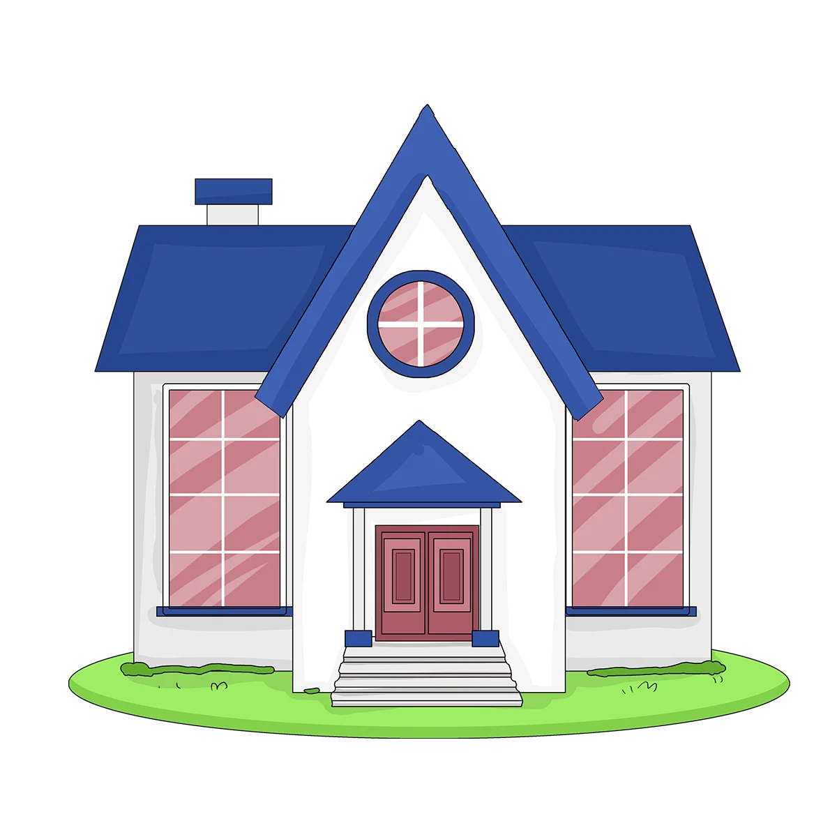 Charming Blue and White Suburban Home Clipart Illustration with Symmetrical Design