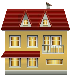 Charming Two-Story Yellow House Clipart with Red Roof and Architectural Details