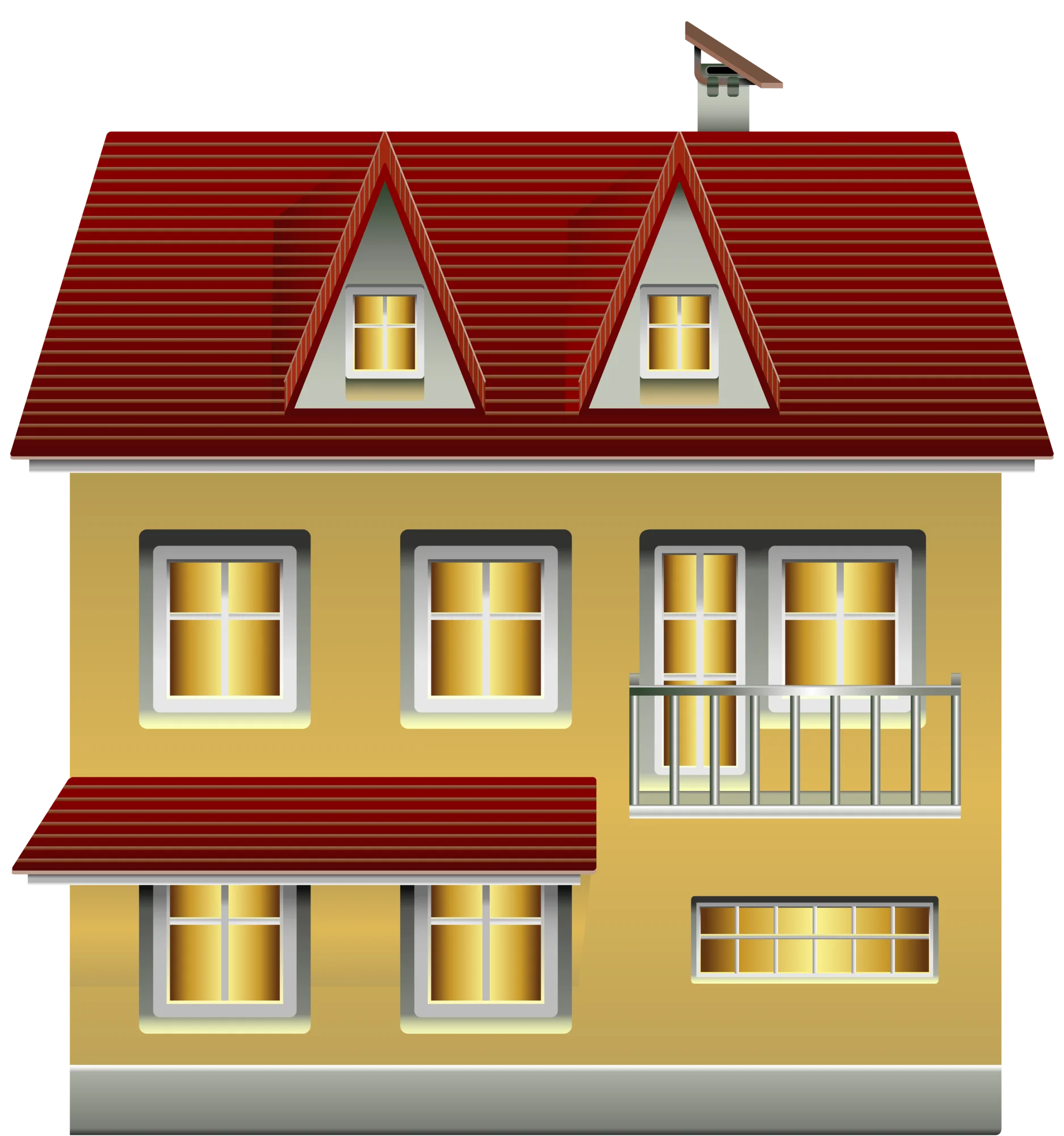 Charming Two-Story Yellow House Clipart with Red Roof and Architectural Details