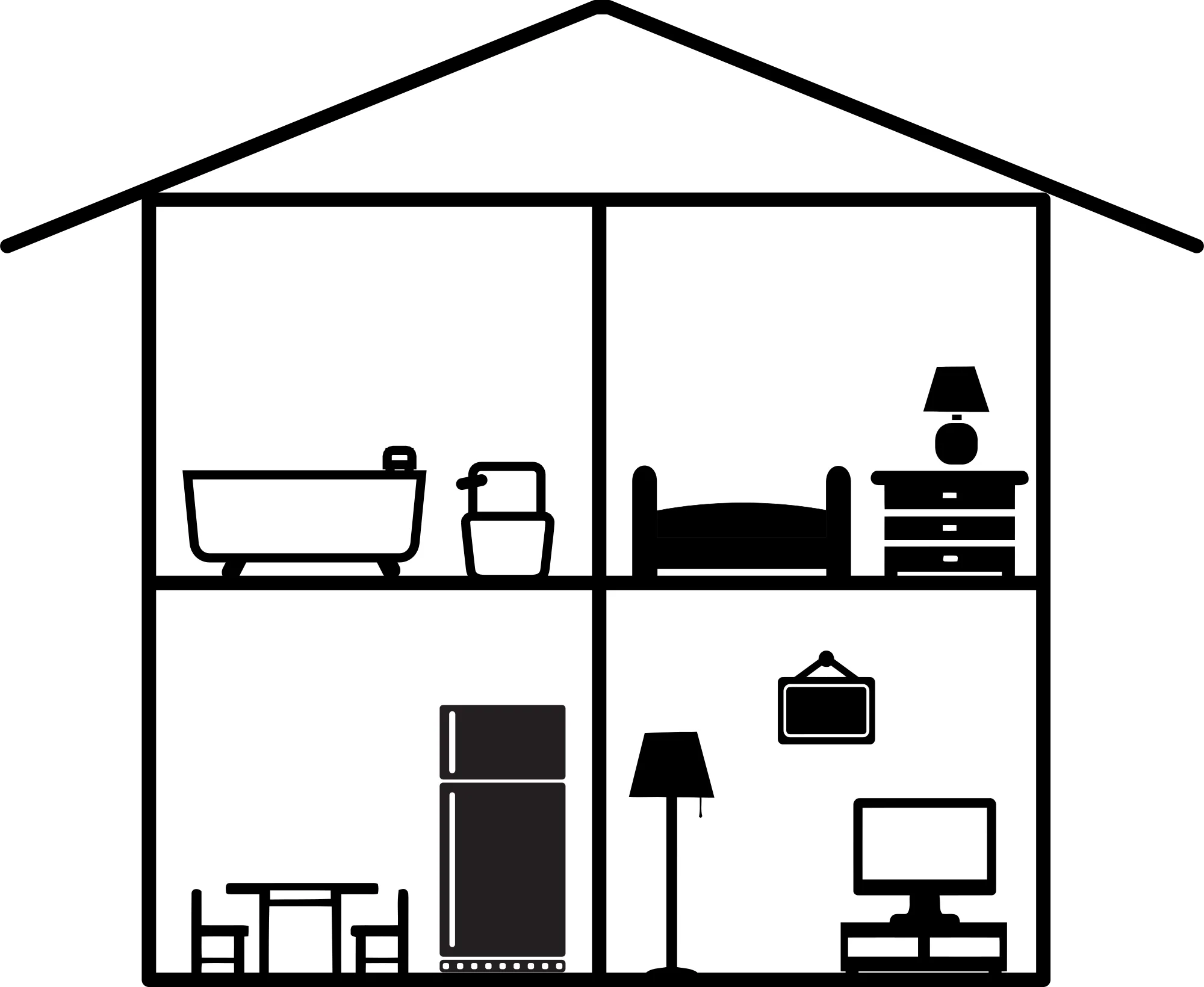 Minimalist Black and White House Interior Layout Clipart Illustration