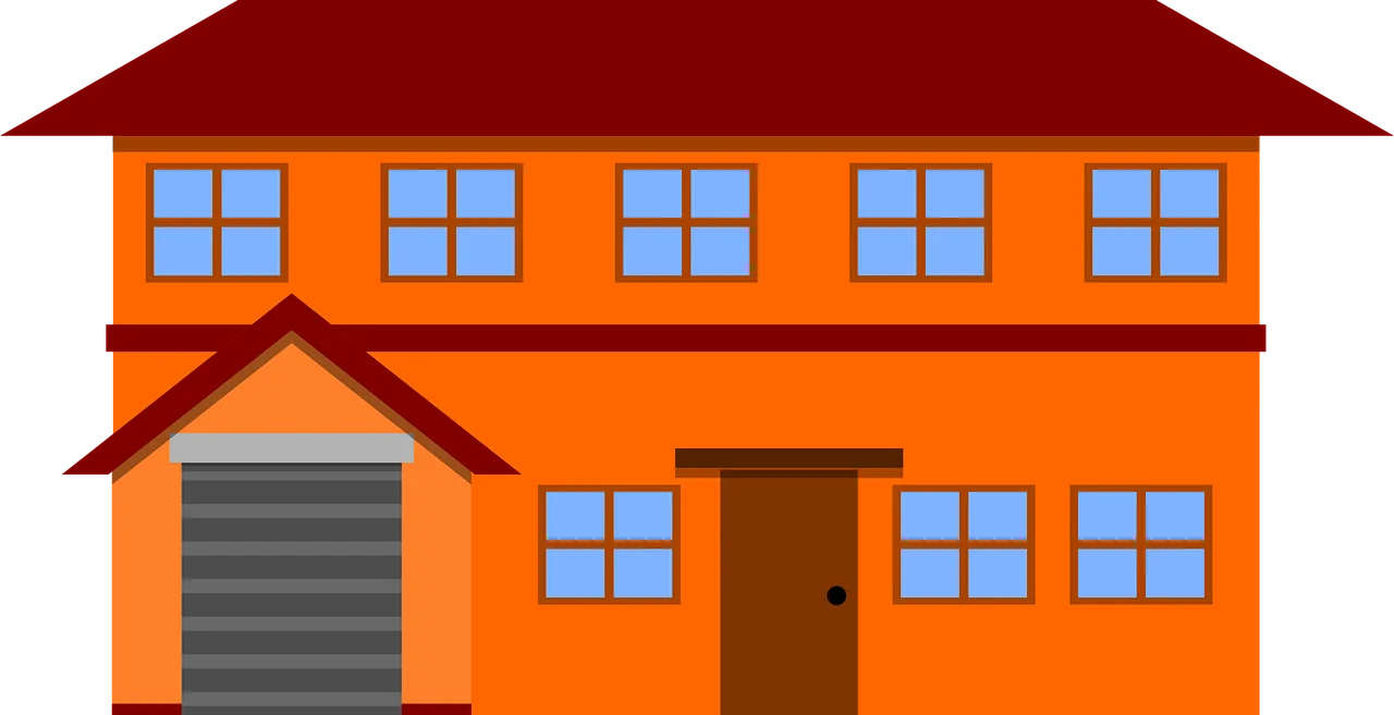 Two-Story Orange Residential Clipart House with Blue Windows and Garage
