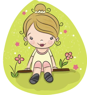 Adorable Whimsical Little Girl Sitting Among Flowers Cartoon Clipart Design