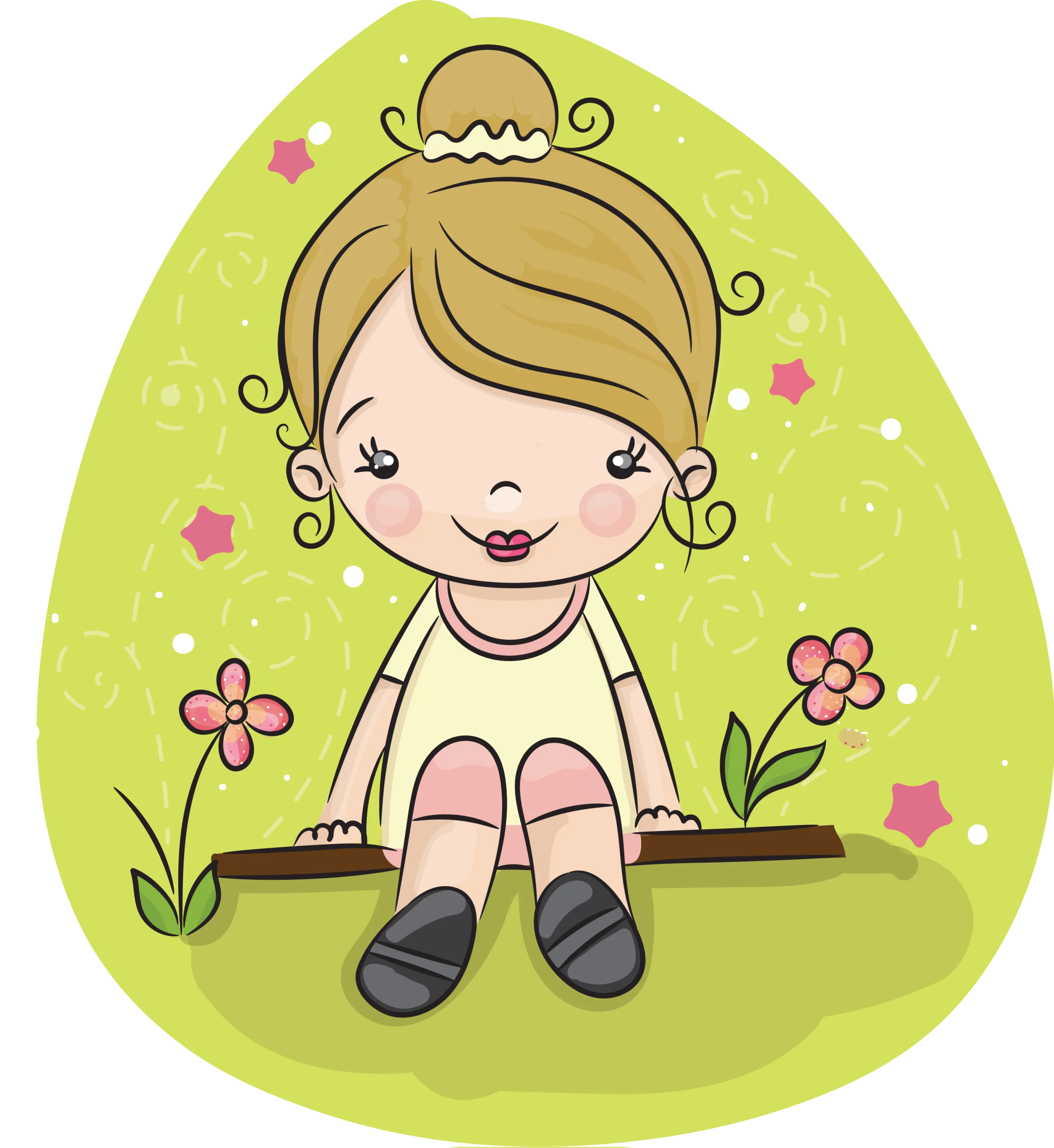 Adorable Whimsical Little Girl Sitting Among Flowers Cartoon Clipart Design