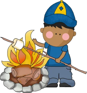 Young Cub Scout Roasting Marshmallow by Campfire Cartoon Clipart Illustration