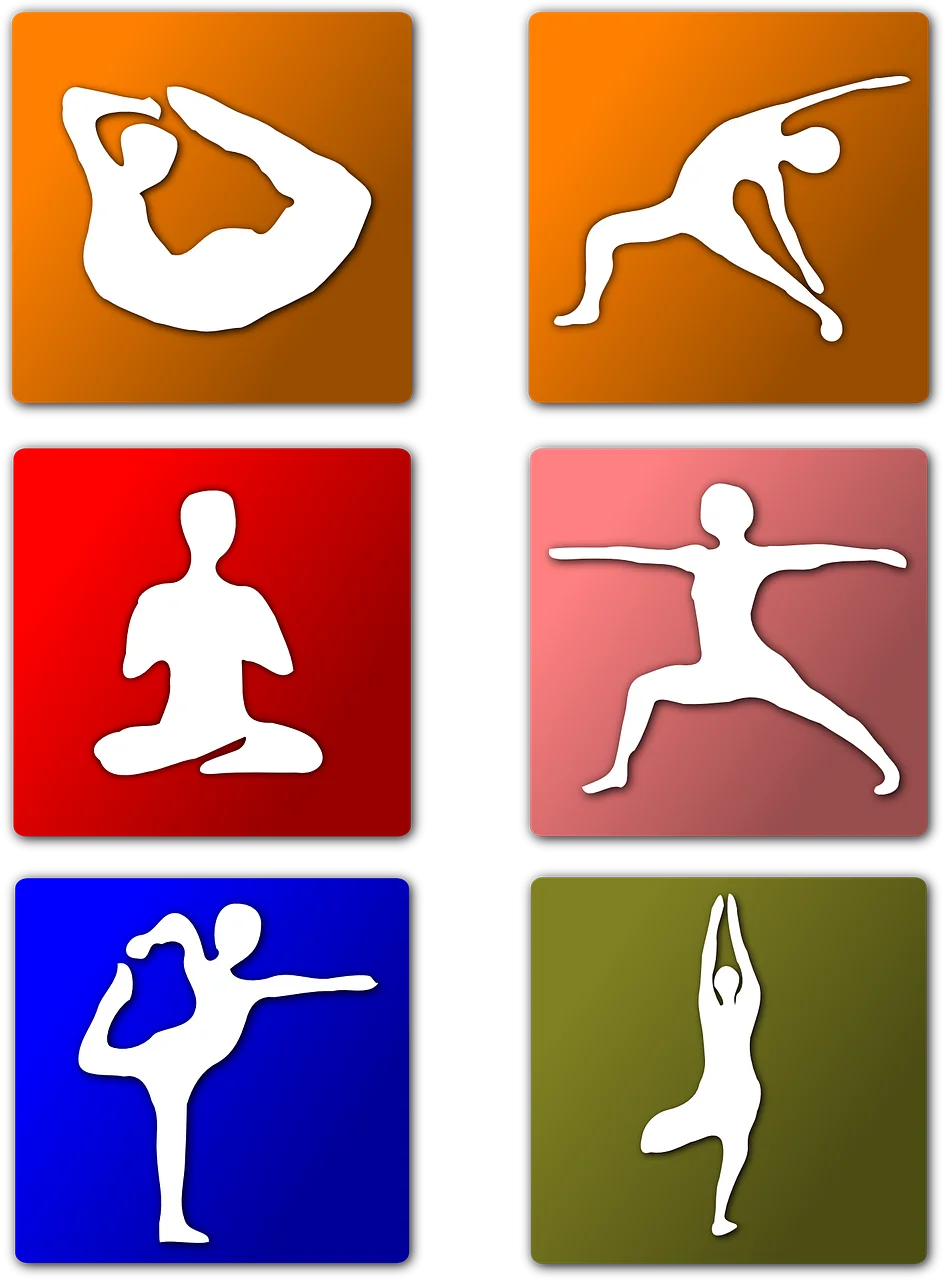Diverse Yoga Poses Silhouette Clipart Collection in Bold Color Blocks