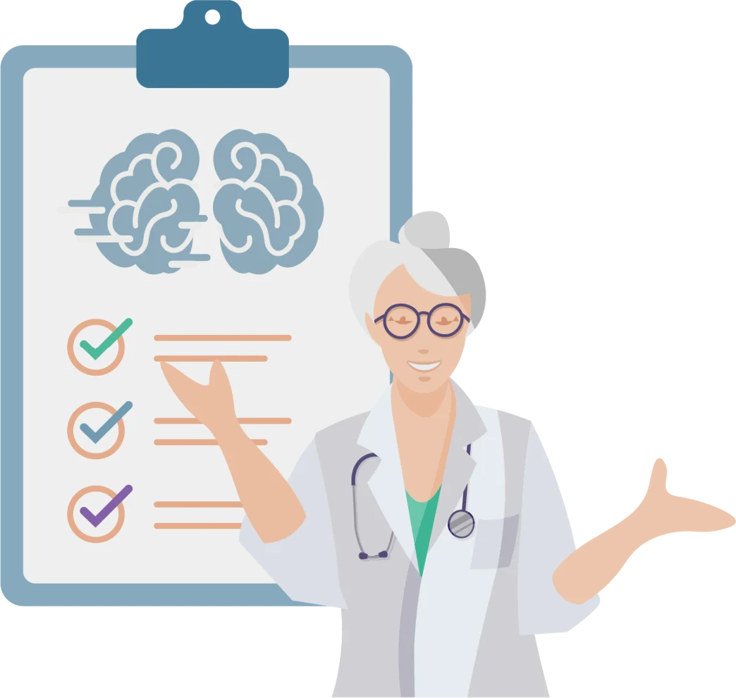 Neurological Health Consultation Clipart: Medical Professional Analyzing Brain Checklist