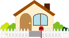 Charming Suburban Home Clipart with White Picket Fence and Lush Green Landscape